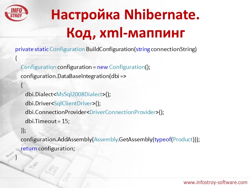 Настройка Nhibernate. Код, xml-маппинг private static Configuration BuildConfiguration(string connectionString) {    